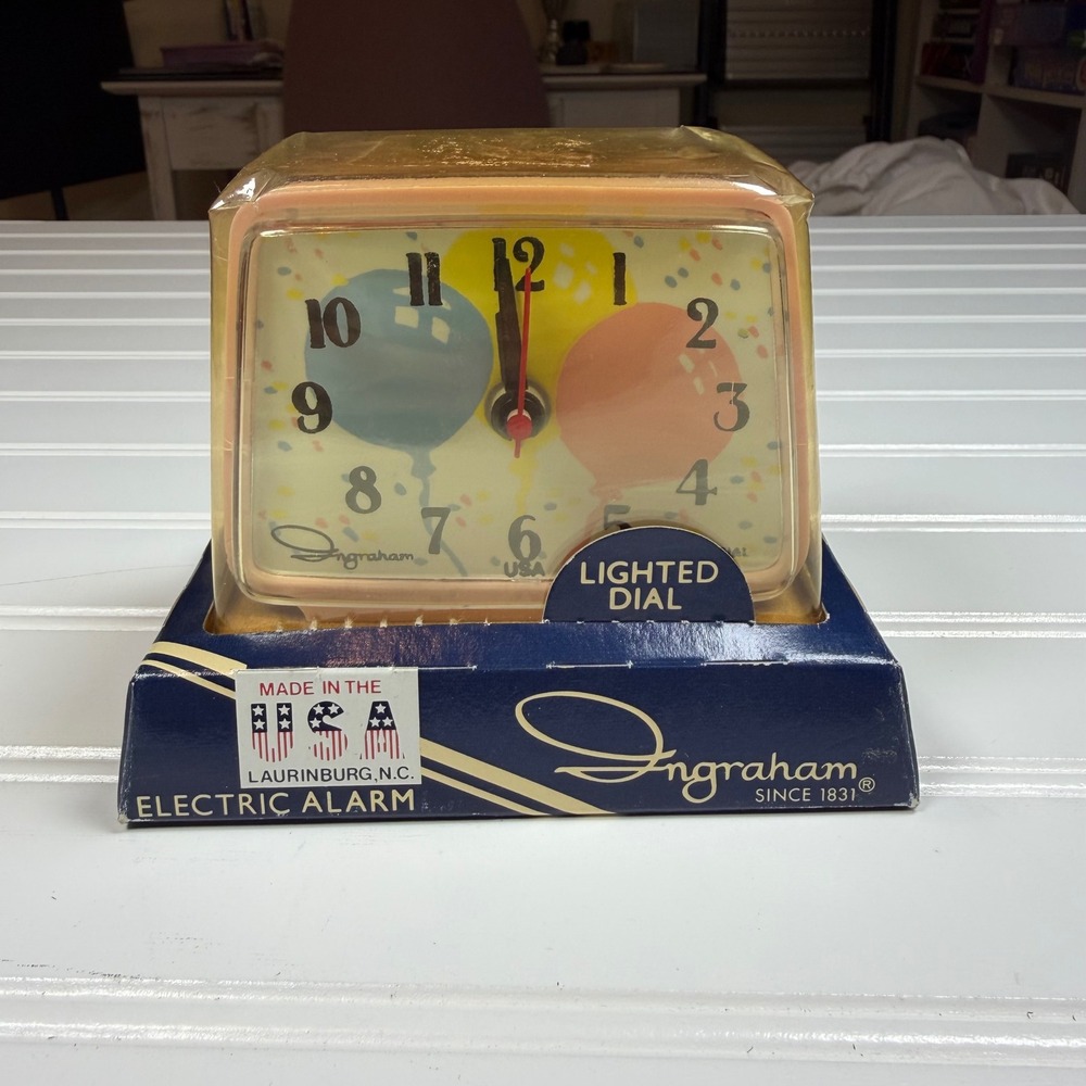 NOS Vintage Ingraham Electric Alarm Clock‎ Balloon Party Lighted Dial USA⁠